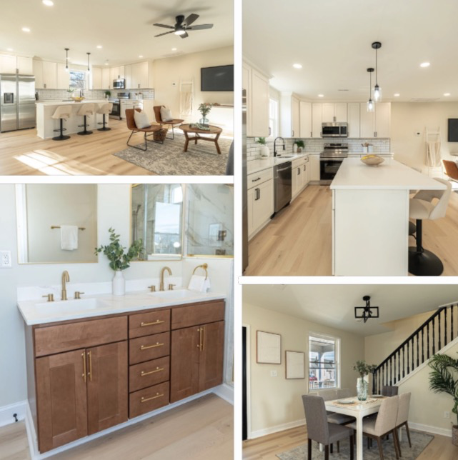 Remodeled open-concept kitchen, living area, and double vanity in Dundalk, MD