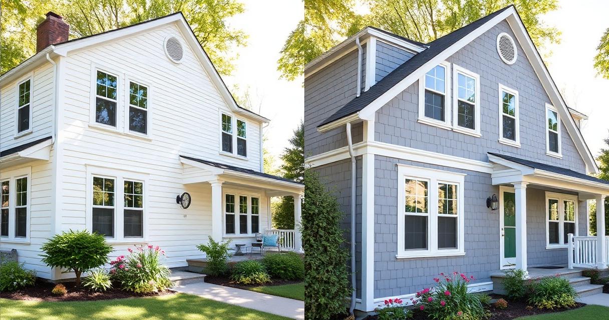 Side-by-side comparison of vinyl siding and fiber cement siding on residential homes